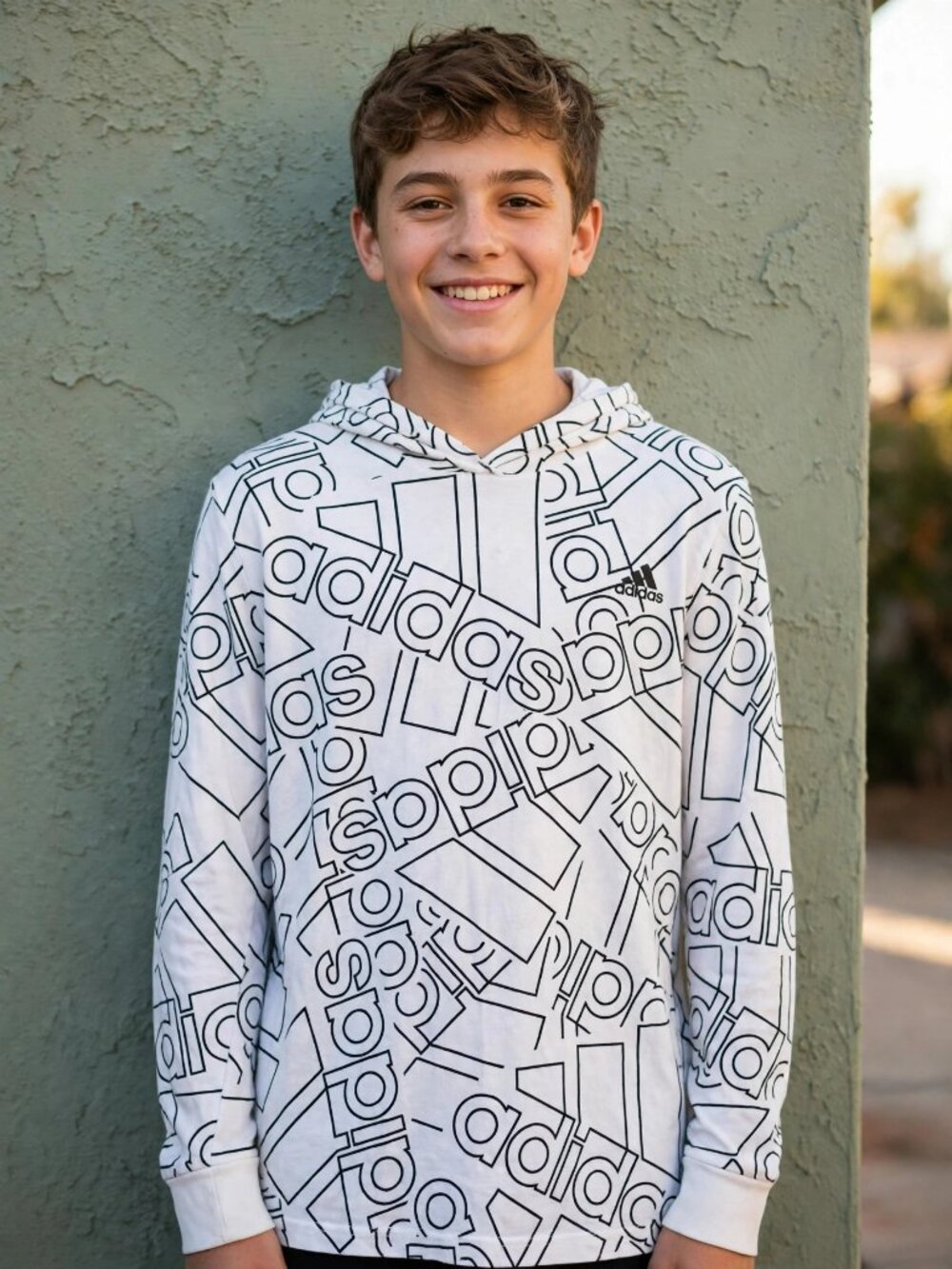 Adidas Boys Allover Logo Print Hooded Long Sleeve Tee L 14/16